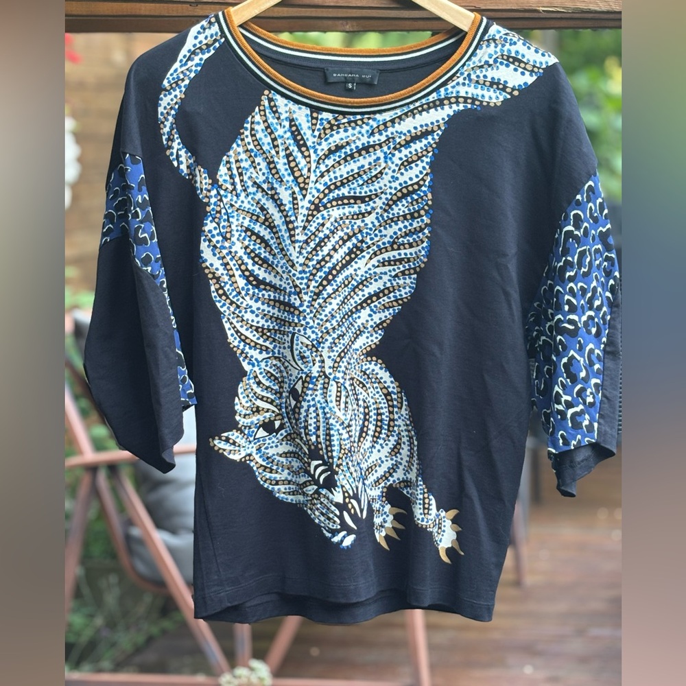 Barbara Bui Black and Blue Graphic Long Sleeve Top, designer shirt, cat
